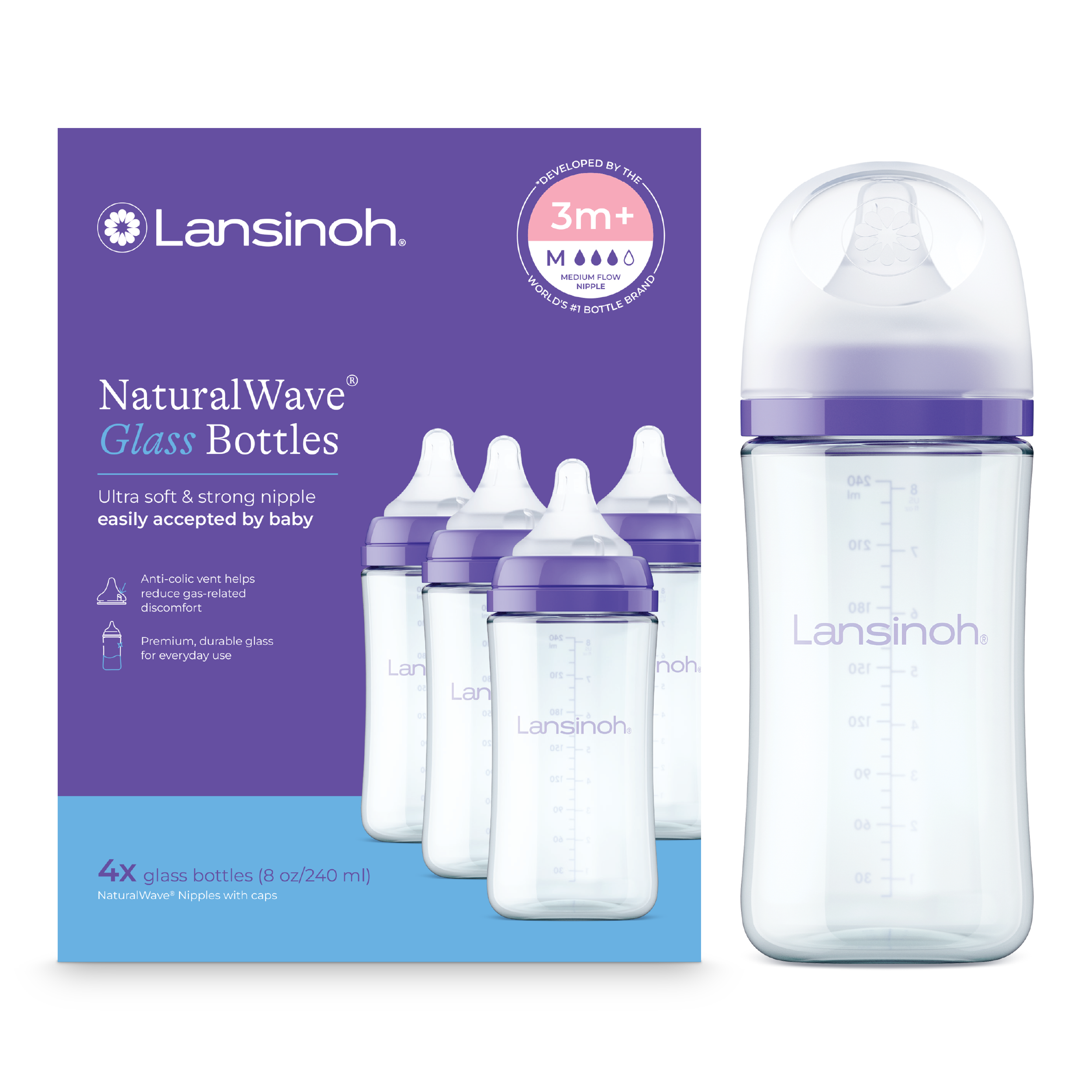 Lansinoh Baby Bottles with NaturalWave Nipple (8oz)